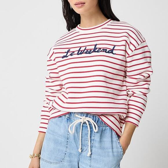 J. Crew Tops - NWT J. Crew Striped Le Weekend Graphic Loose Sweatshirt Red White Womens Size XL
